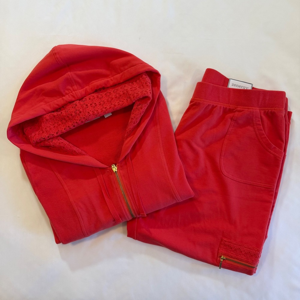 Hoodie & Crop Pants Set Chico's Zenergy Knit Orange Crochet Gold-tone Sz 2 L